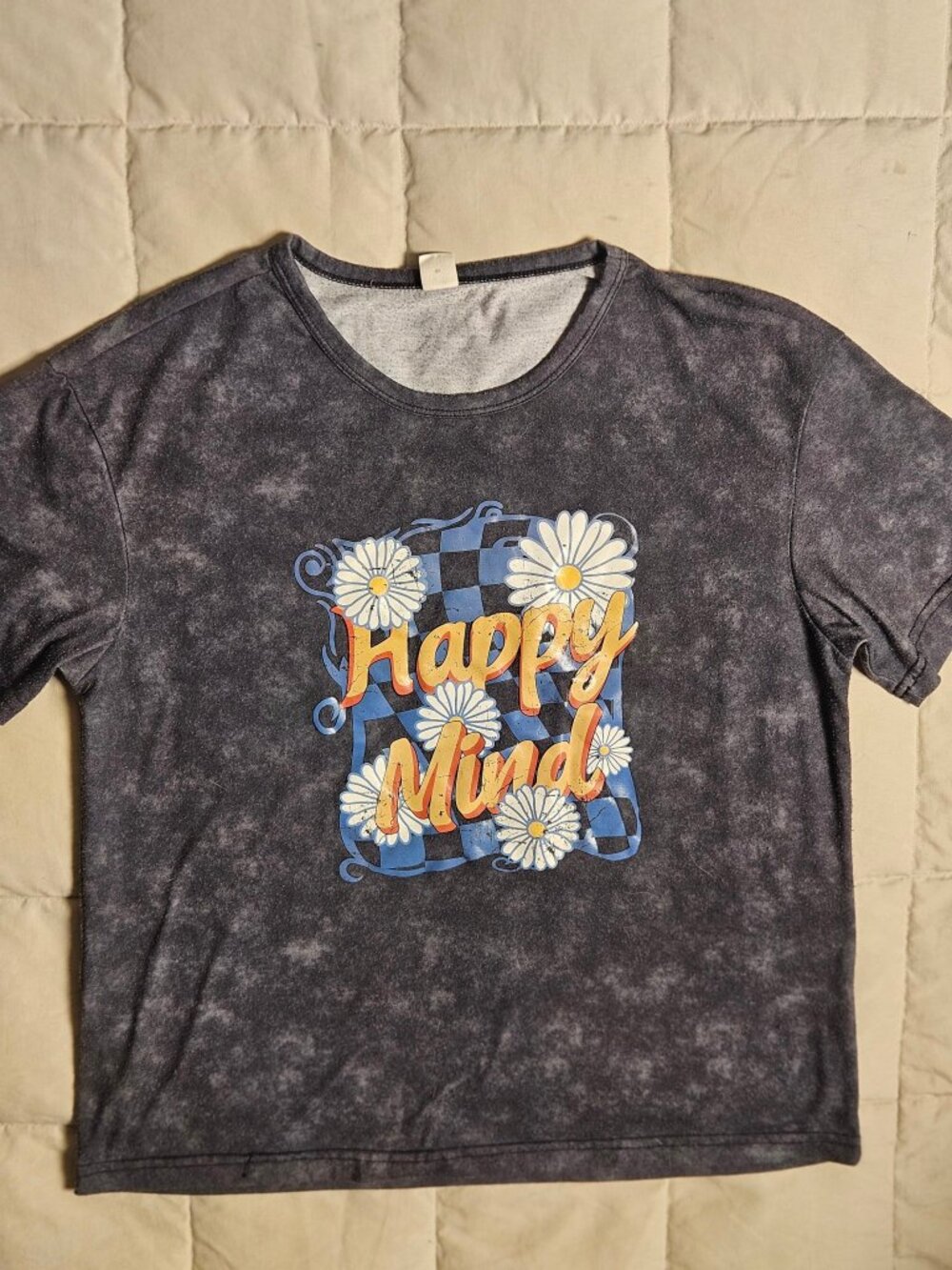 SHEIN Girls T-Shirt 10Y Black Graphic Tee Happy Mind Daisy Acid Wash